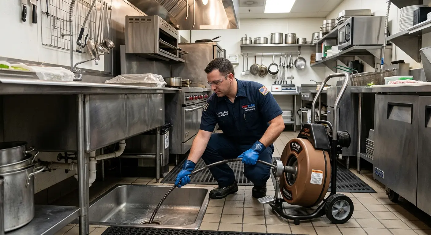 Commercial drain cleaning service in a restaurant kitchen in Steger