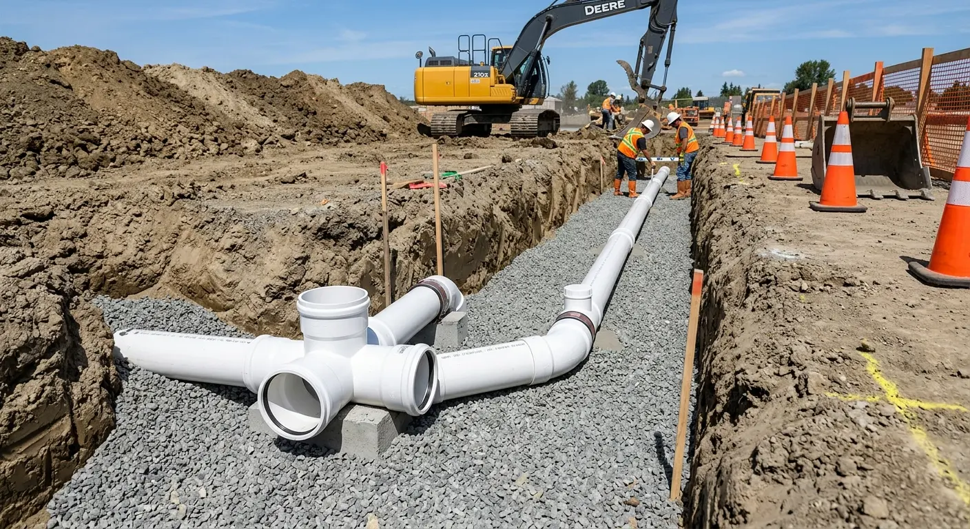 New PVC sewer pipe installation in open trench for Sewer Backup in Steger
