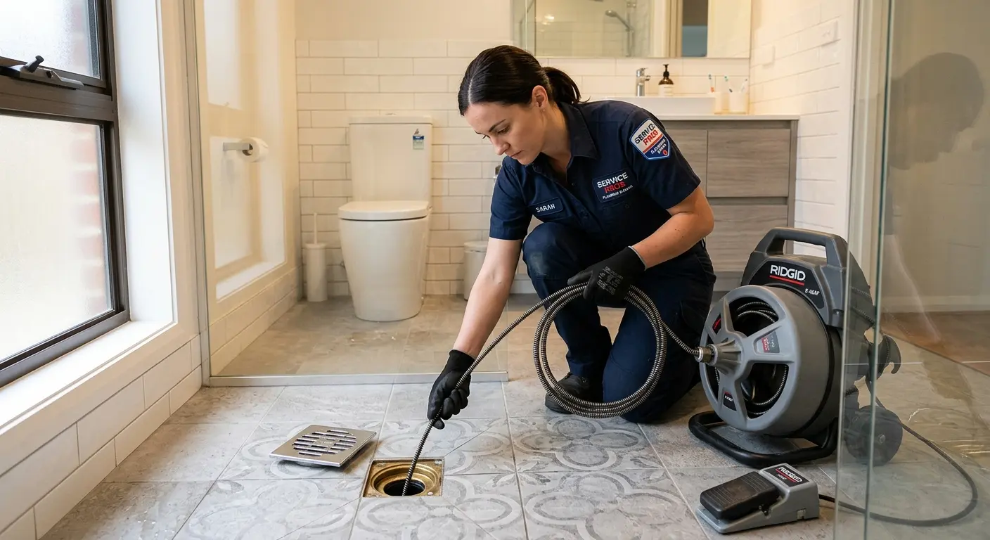 Technician clearing a bathroom floor drain for Drain Cleaning in Steger
